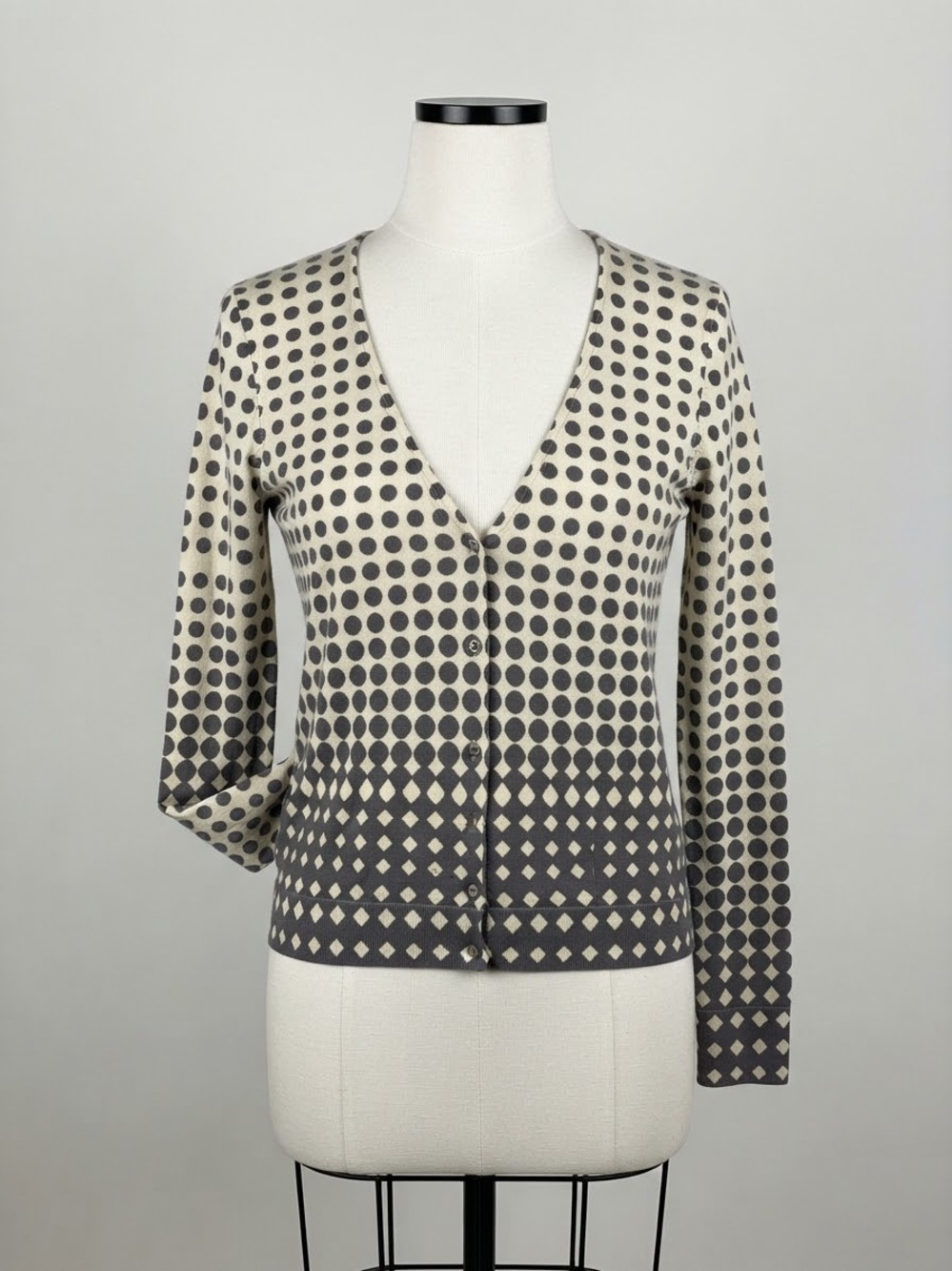 Ann Taylor Cream & Grey Geometric Polka Dot Button Front Cardigan - Size S
